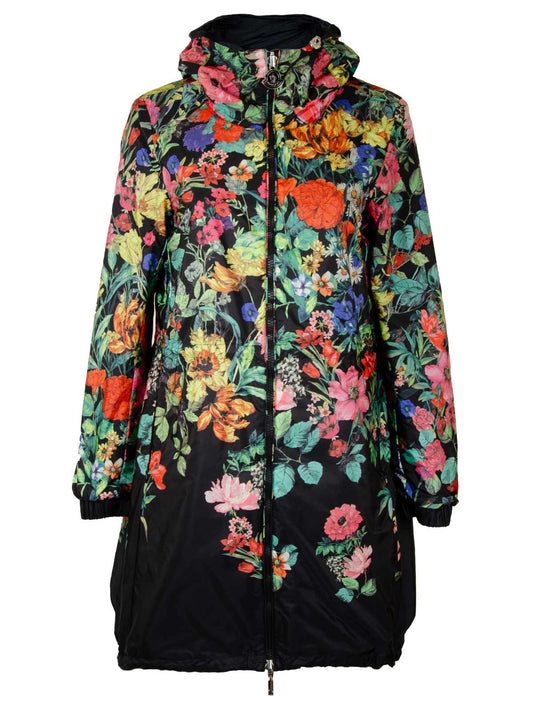 Black Floral Multicolour Reversible Raincoat
