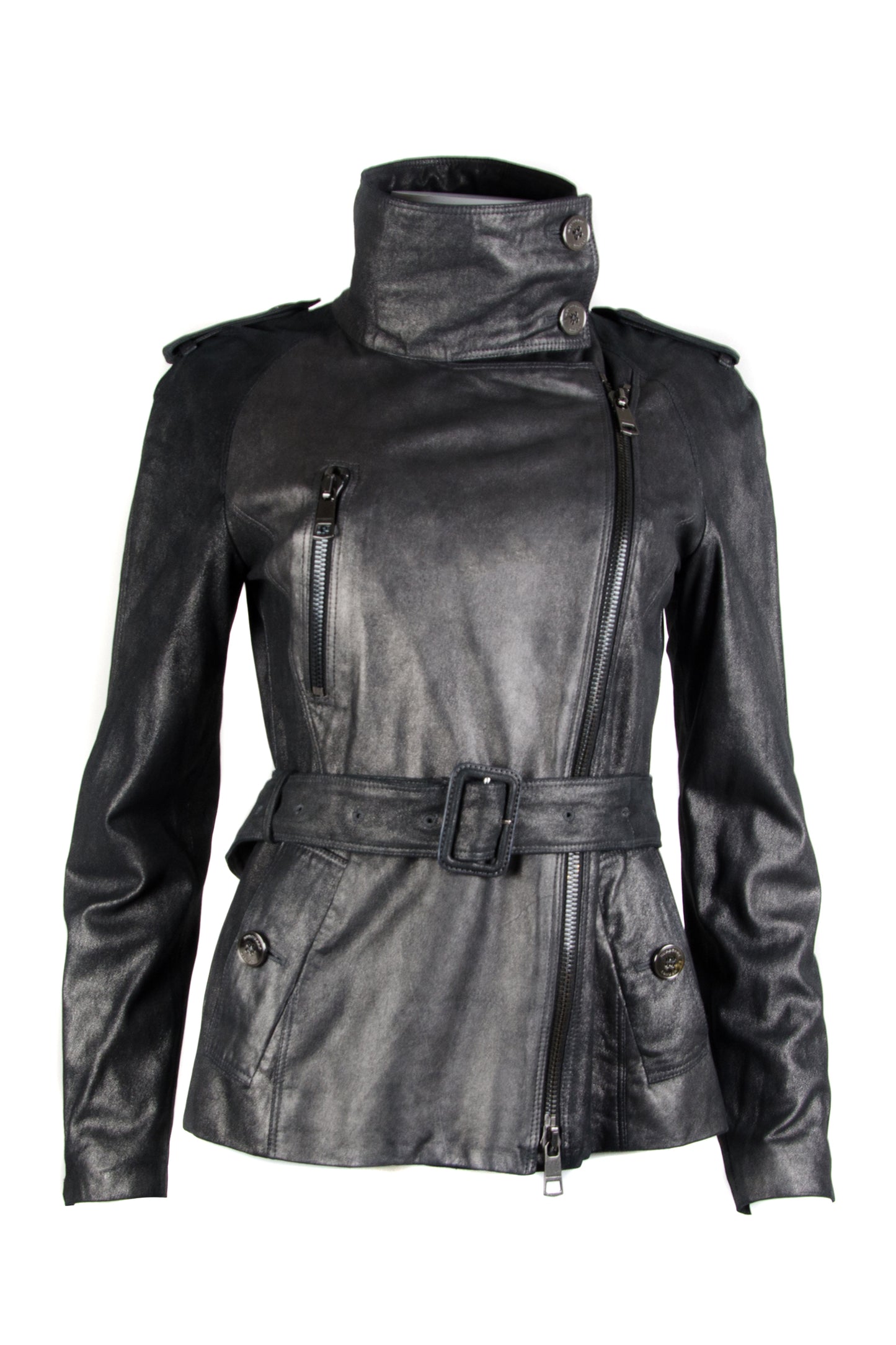 Grey Metallic Leather Belted Jacket