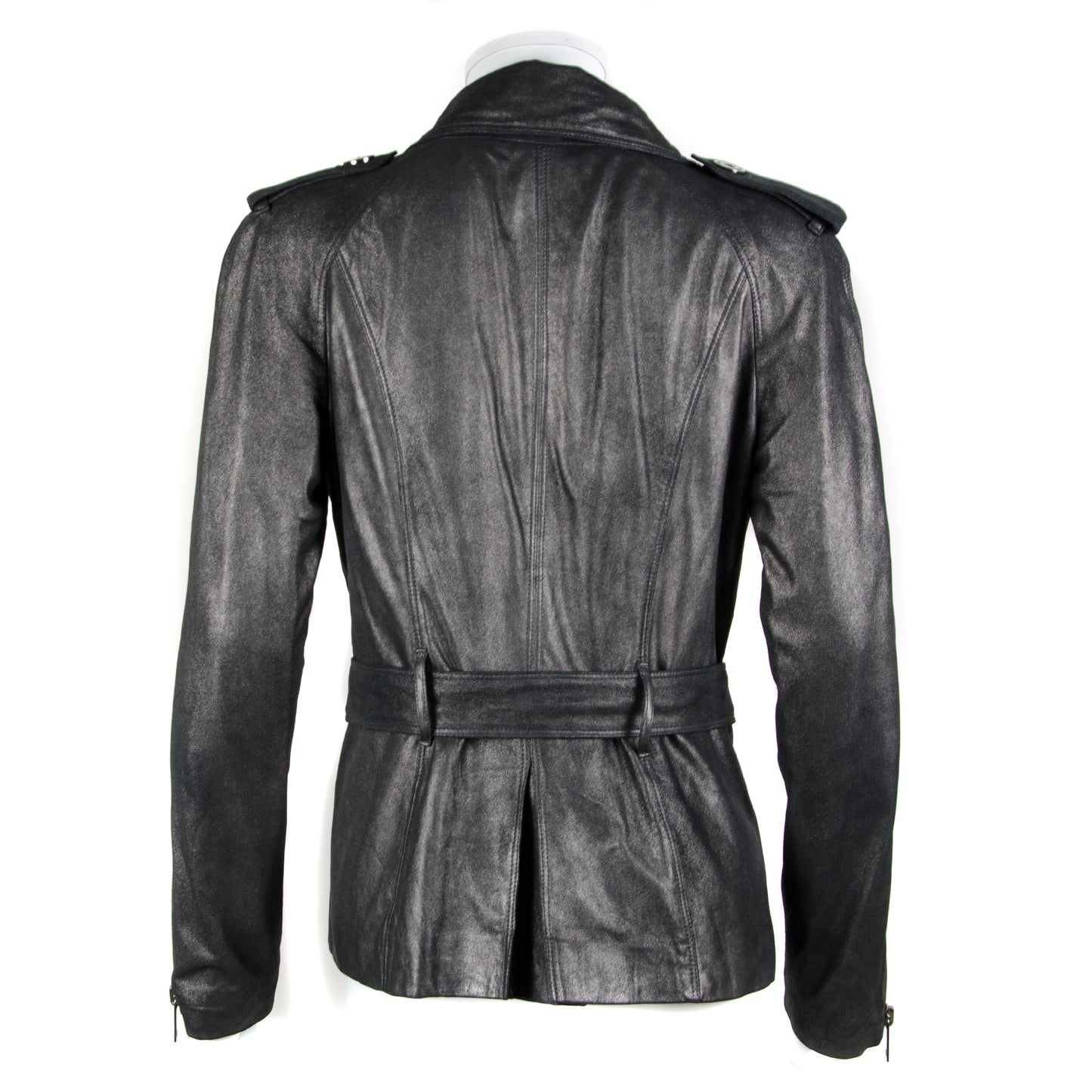 Grey Metallic Leather Belted Jacket
