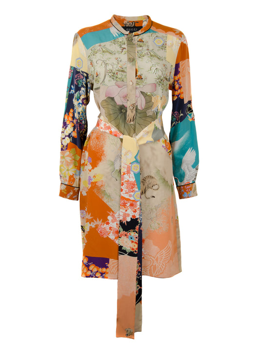 Oriental Print Long Sleeved Silk Dress
